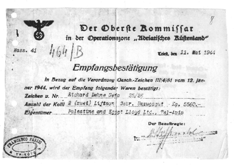 Empfangsbestätigung der beschlagnahmten Liftvans