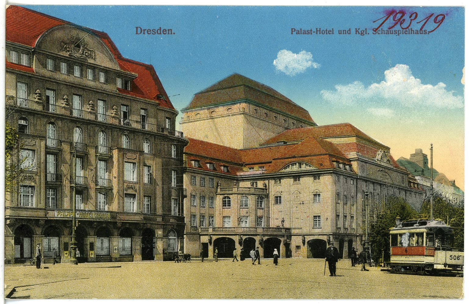 Kolorierte Postkarte mit Abbildung des Dresdner Schauspiehaus.