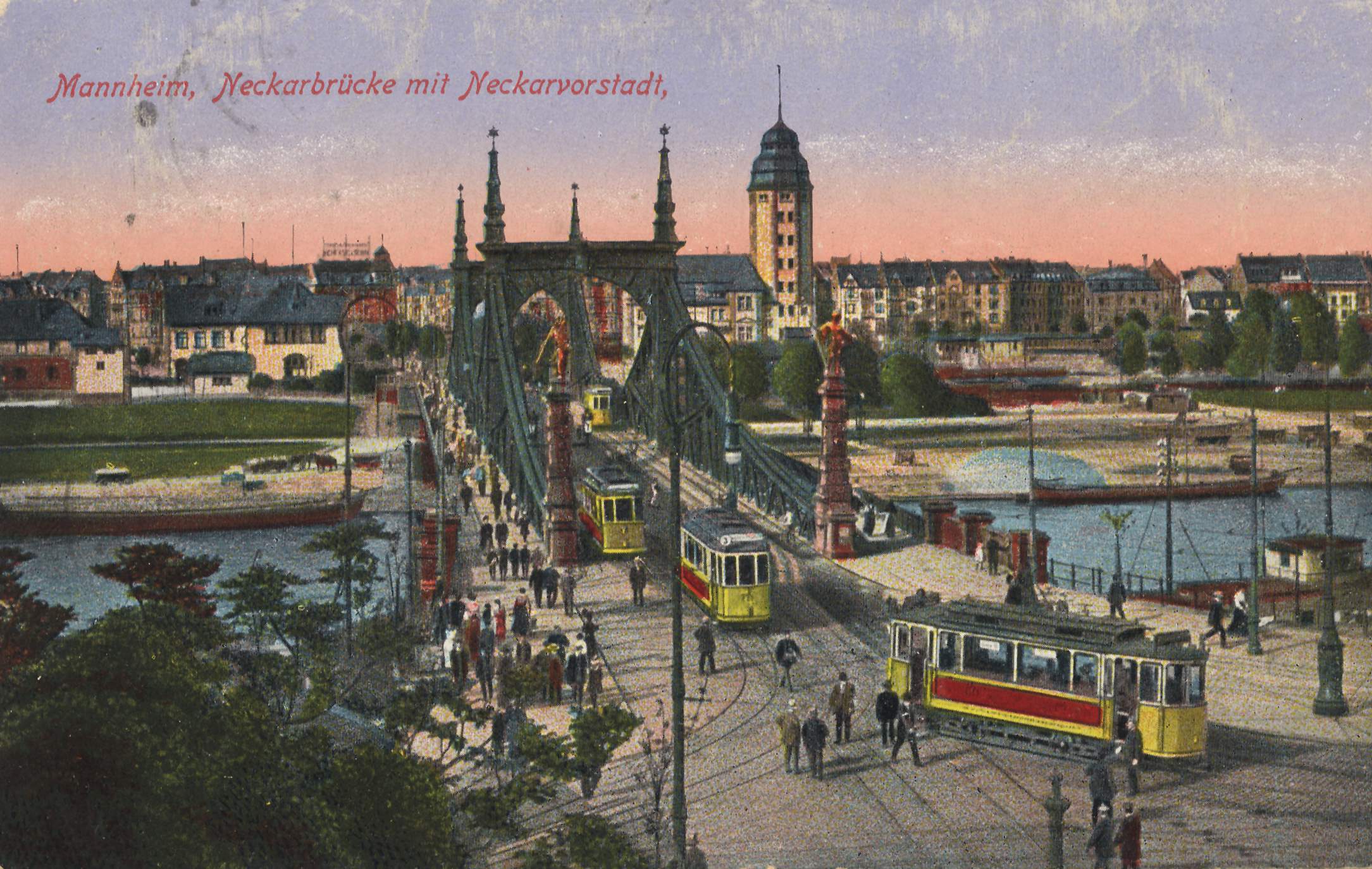 Historische Postkarte in Vollfarbe. Blick auf die Mannheimer Neckarvorstadt mit Neckarbrücke.